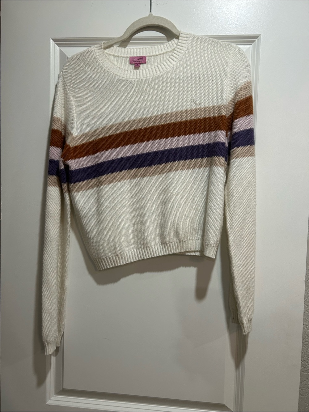 miami Cream Crewneck Sweater with Rust and Purple Stripes